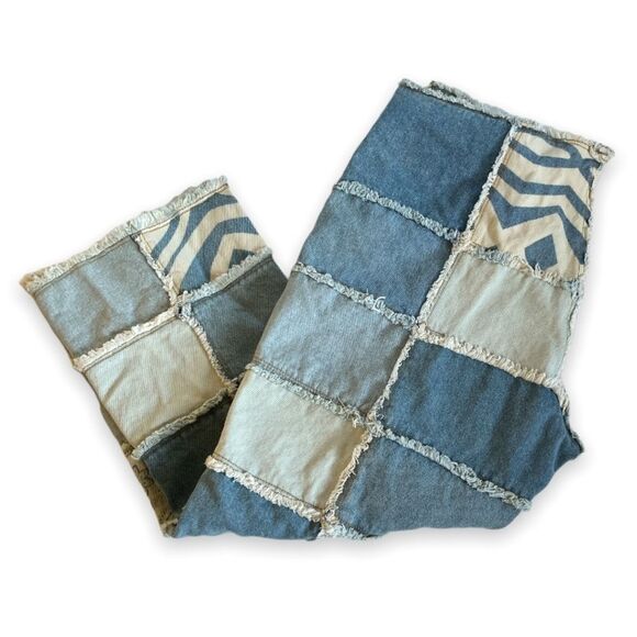 No Boundaries Y2k Patchwork Jeans Crop Raw Edge Waist Hemline Junior 15 - Picture 2 of 16